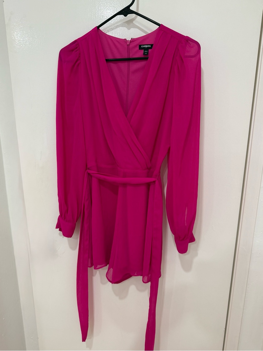 Express Bright Fuchsia Long-Sleeve Wrap Mini romper